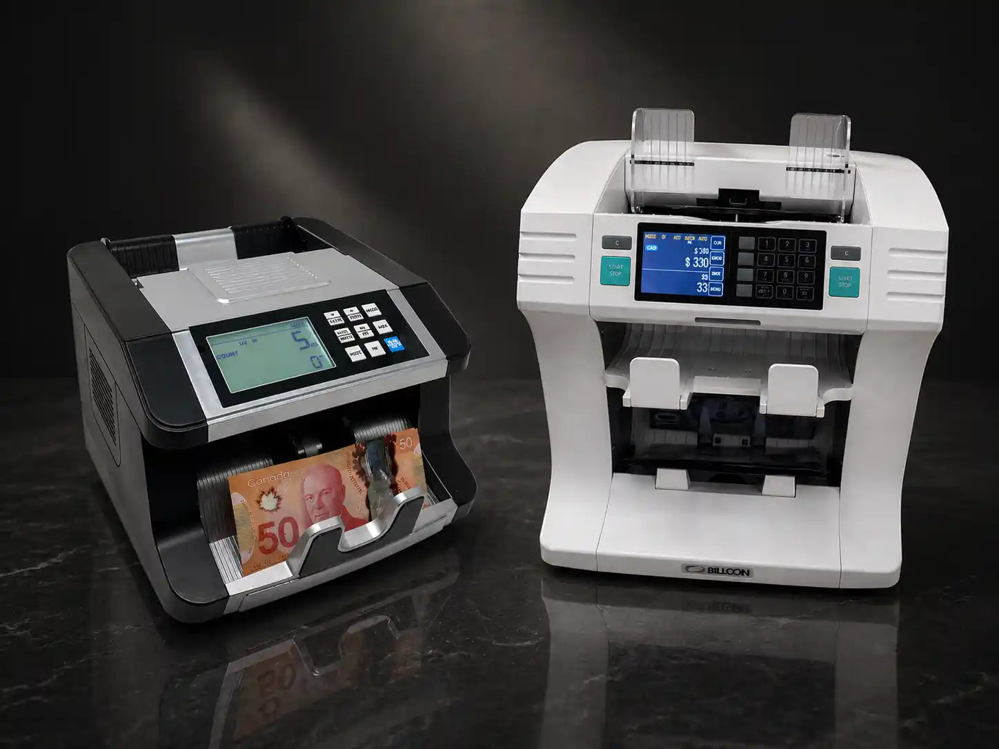 Bill counters for counting sorted and mixed banknotes in business environments